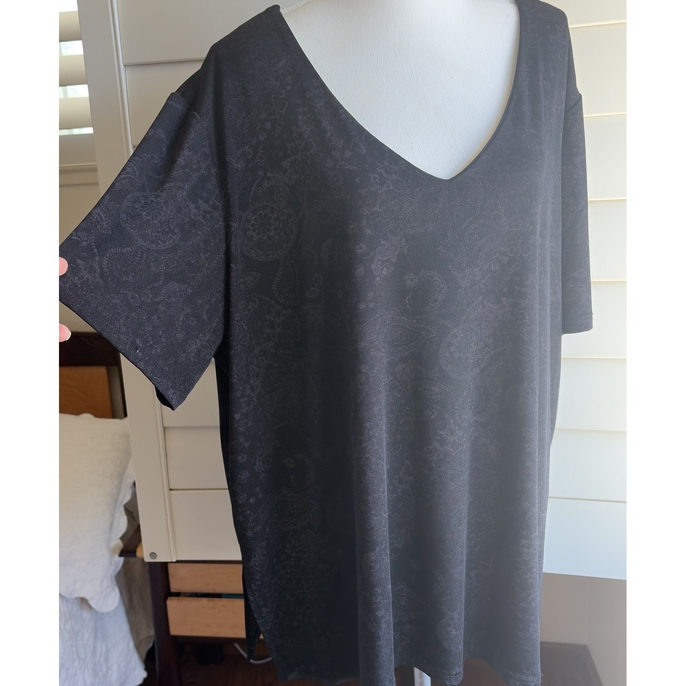 Jkla 90s Y2K Vintage‎ Top Plus 3X  Black Paisley Slinky Stretch V Neck Tunic USA